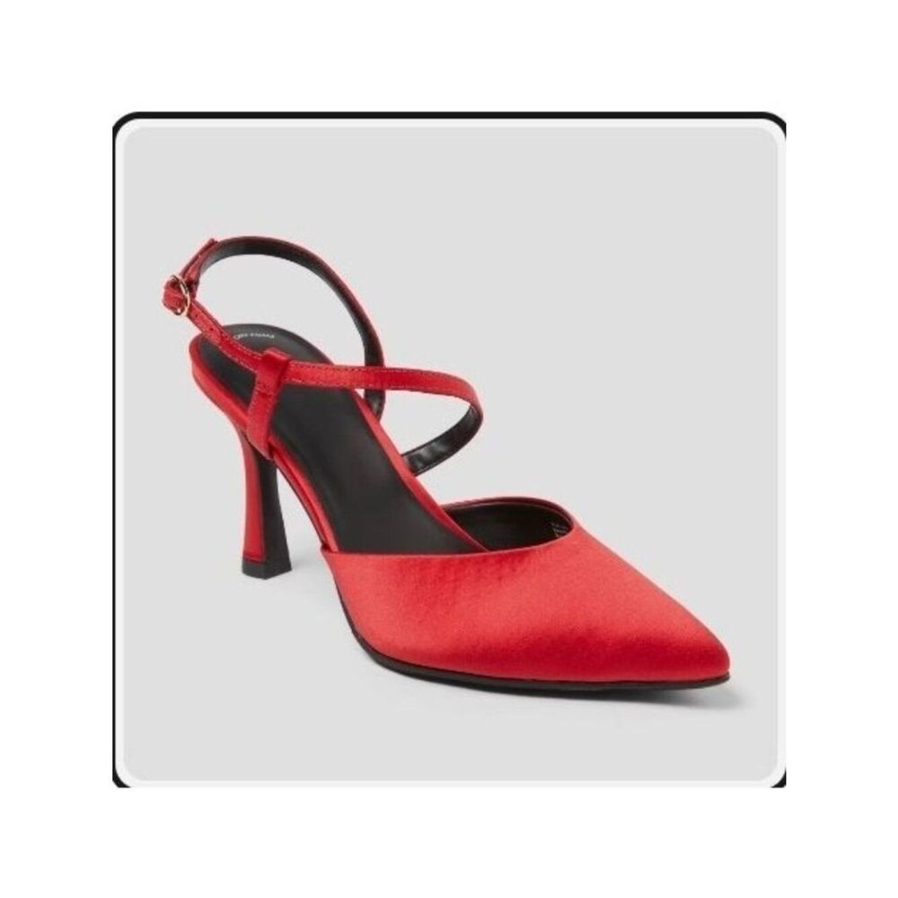 A New Day Red Rosemary Satin Pointed Toe Heels Sz 8 With Adjustable Straps & Mem